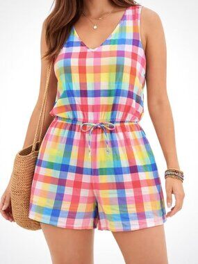 Colorful Plaid Lightweight Linen Blend Hawaiian Twee Fun Short Romper [size 8]
